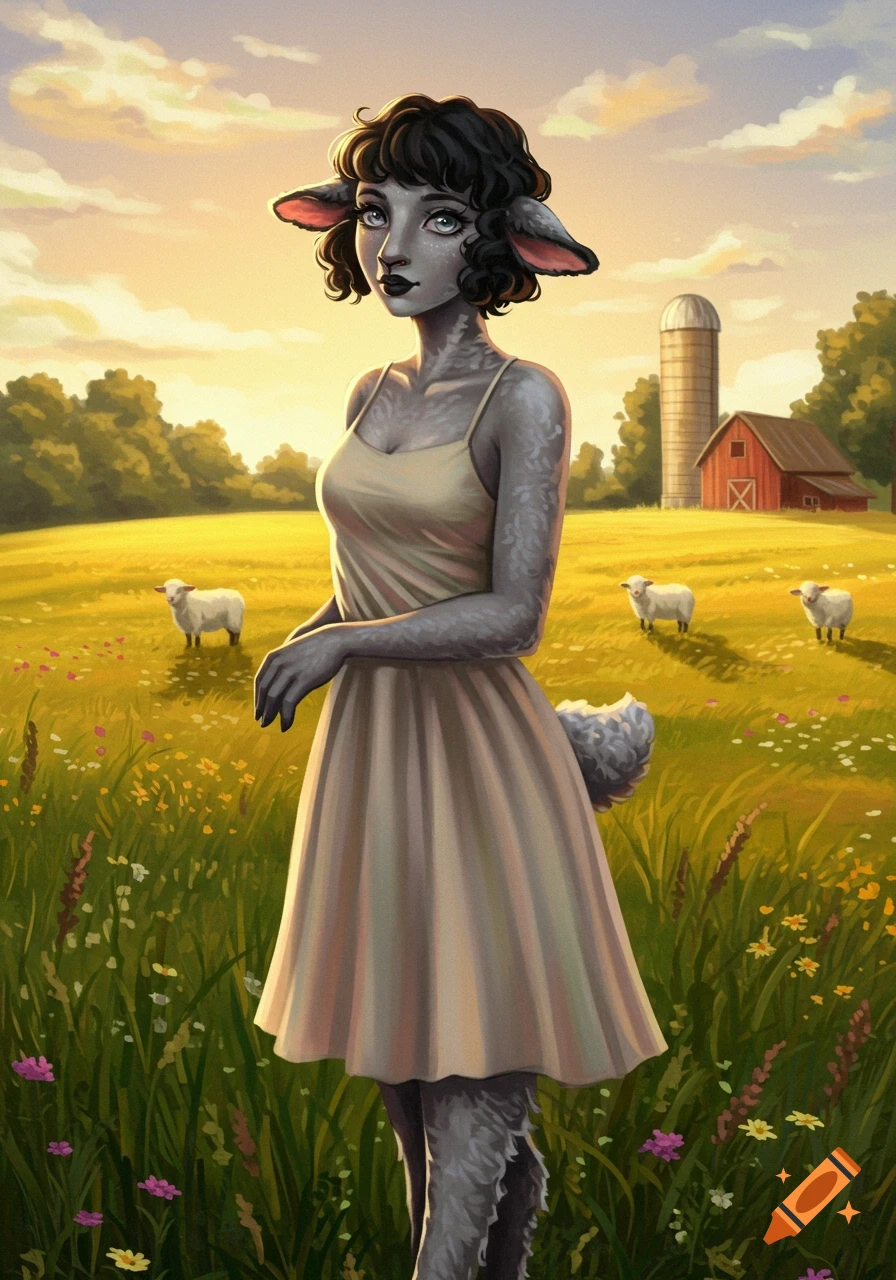 A female sheep demihuman with dark curly hair and grey skin, wearing a sundress, stands in a flowery field with a farm and sheep in the background at sunset, in a semi-realistic style.