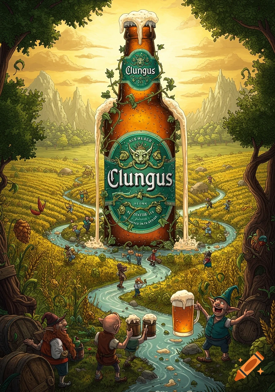 An epic fantasy illustration shows a giant beer bottle overflowing with foam in a golden field. Small gnomes/elves frolic, some carrying beer, as a beer stream flows towards them.