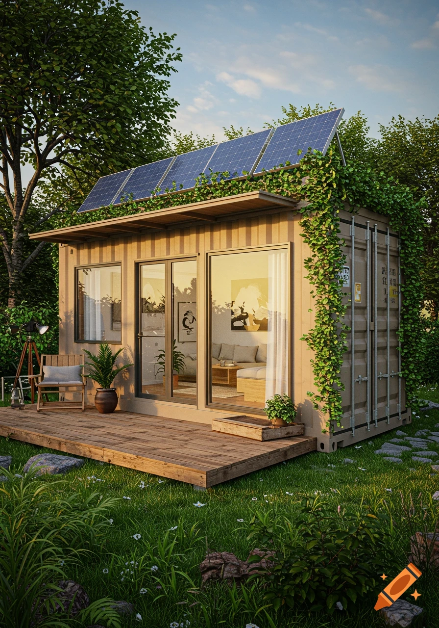 A modern container home with solar panels and a wooden deck, nestled in a lush green natural setting under a clear sky.