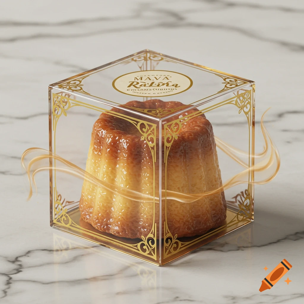 A golden-brown canel é, or malva pudding, sits perfectly centered in a clear square gift box on a white marble surface.