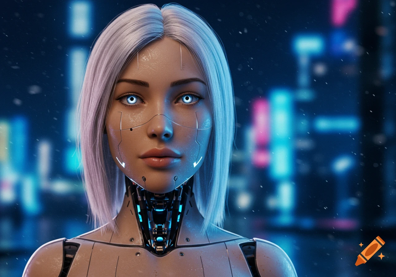 A close-up, photorealistic portrait of a female android with white hair, glowing blue eyes, and visible circuitry, set against a blurry neon cityscape.