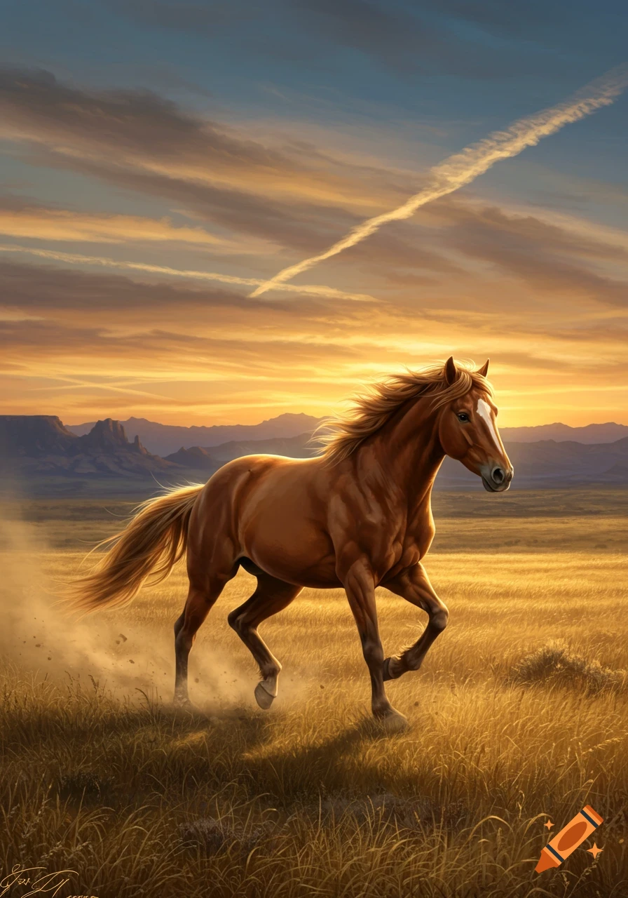 A majestic brown horse with a white blaze gallops through a golden field, kicking up dust, under a vibrant orange and blue sunset sky.