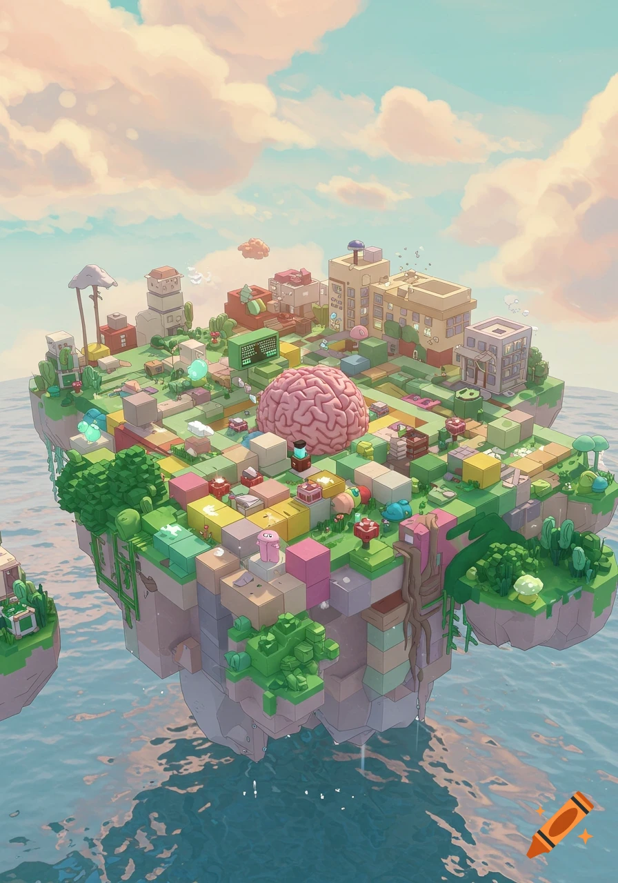 A whimsical, isometric floating island in the sky featuring a blocky city, greenery, and a large pink brain, reminiscent of a Roblox game.