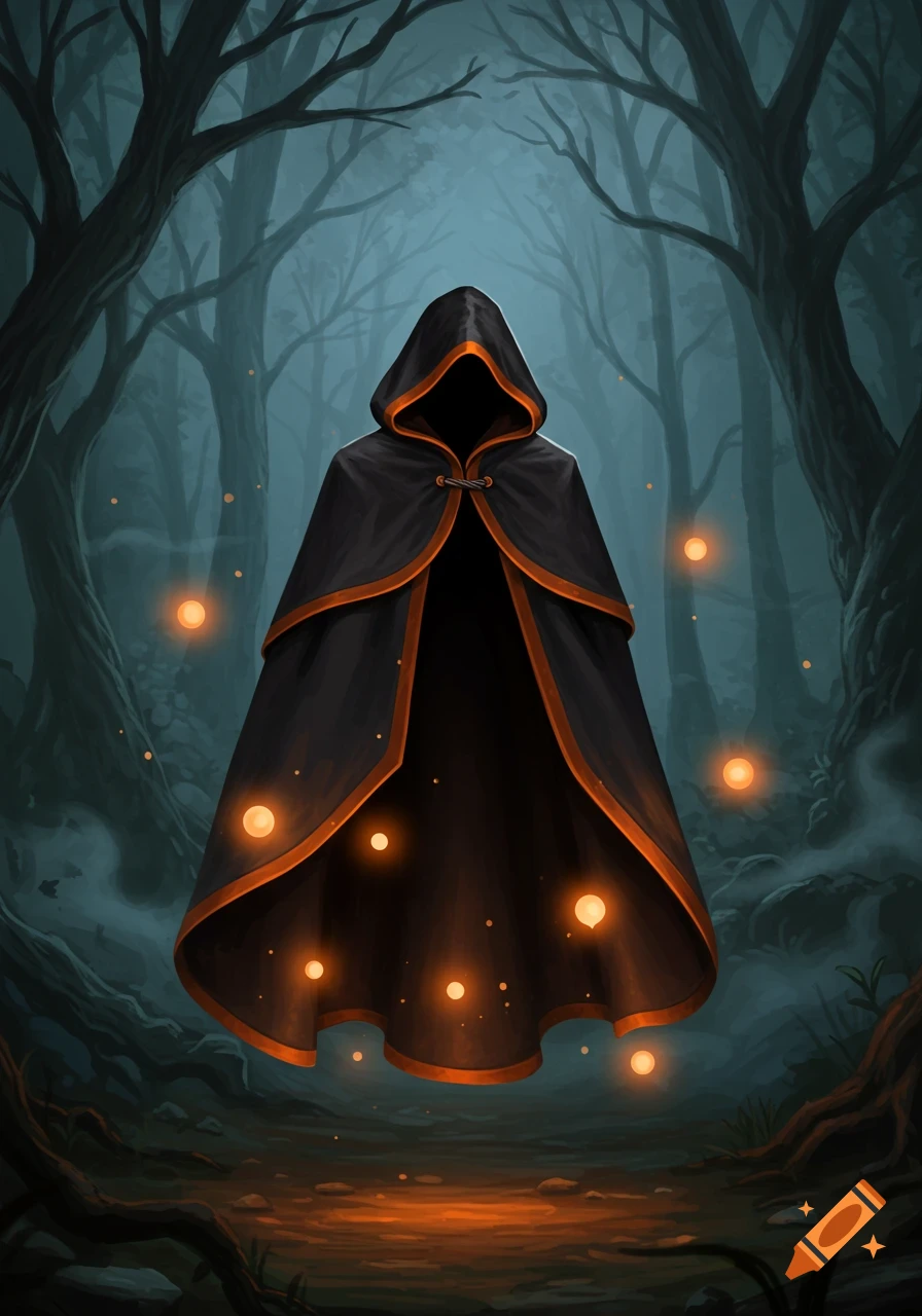 A mysterious hooded figure in a black and orange cloak stands in a dark forest, surrounded by glowing orange orbs.