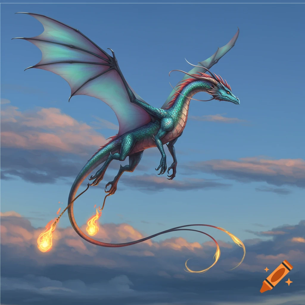 A sleek, iridescent teal, green, and red dragon with gossamer wings flies through a blue sky with clouds, fiery wisps trailing from its tail and ankles.