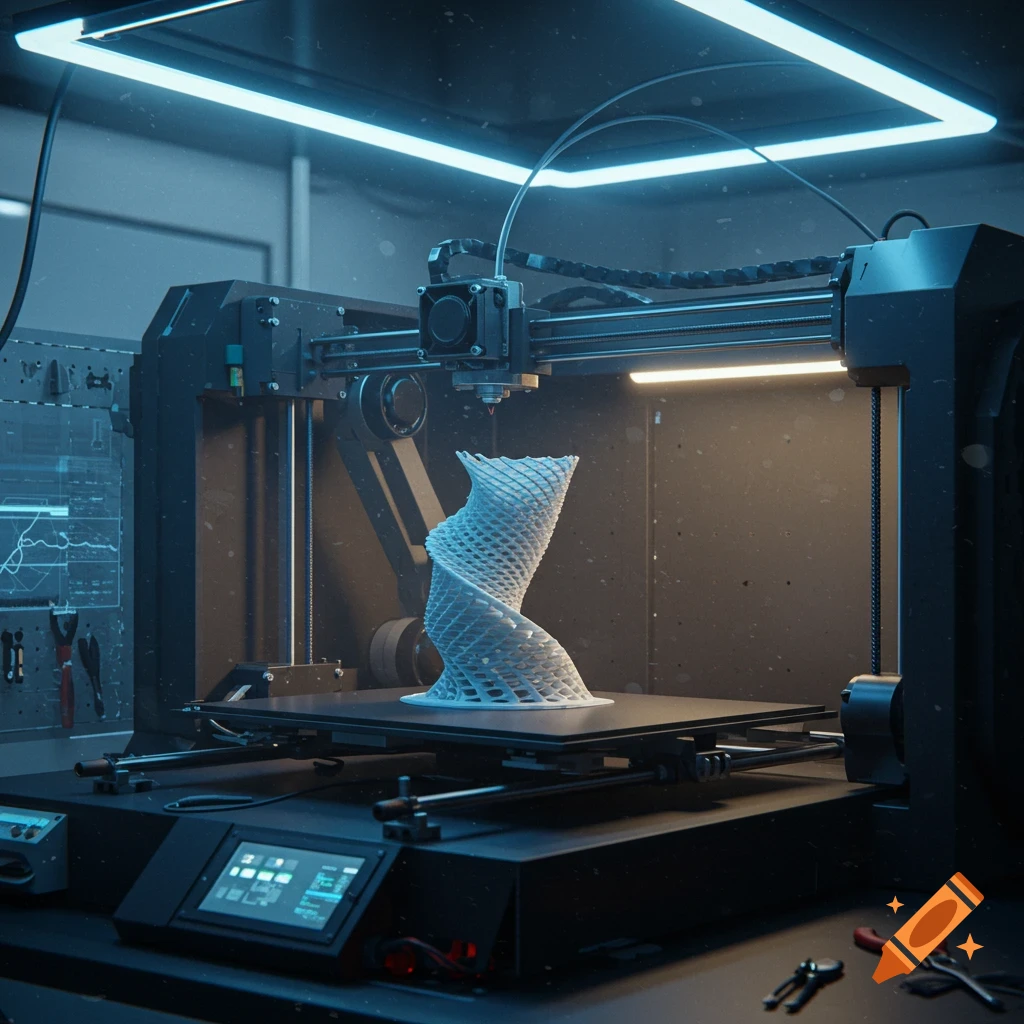 A modern 3D printer creating a complex, white, lattice-like sculpture under blue and warm accent lighting in a dimly lit room.
