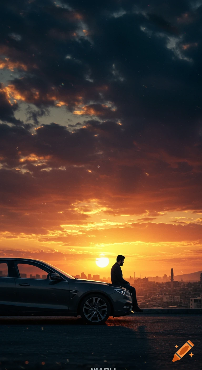 Photorealistic image of a man sitting on a dark car, silhouetted against a dramatic orange and yellow sunset over a city skyline.