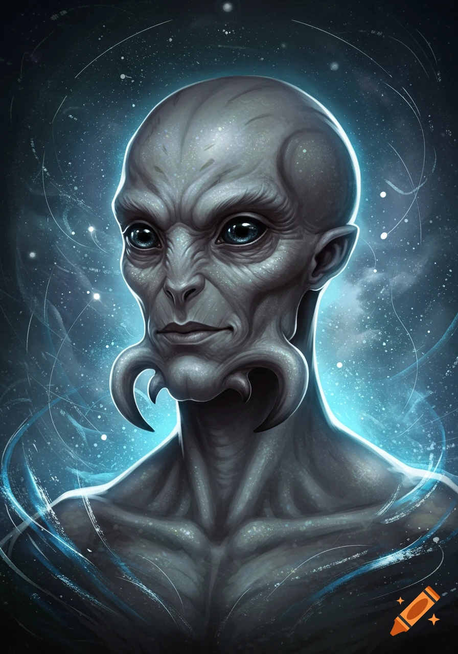 Portrait of a bald, grey-skinned alien man with blue eyes and mandibles on his jaw, against a starry cosmic background.