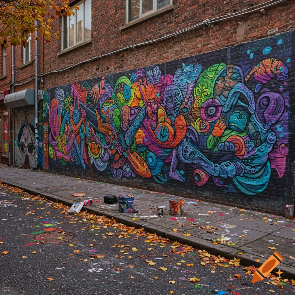 A vibrant, abstract graffiti mural on a brick wall, with autumn leaves and paint cans on the city sidewalk.