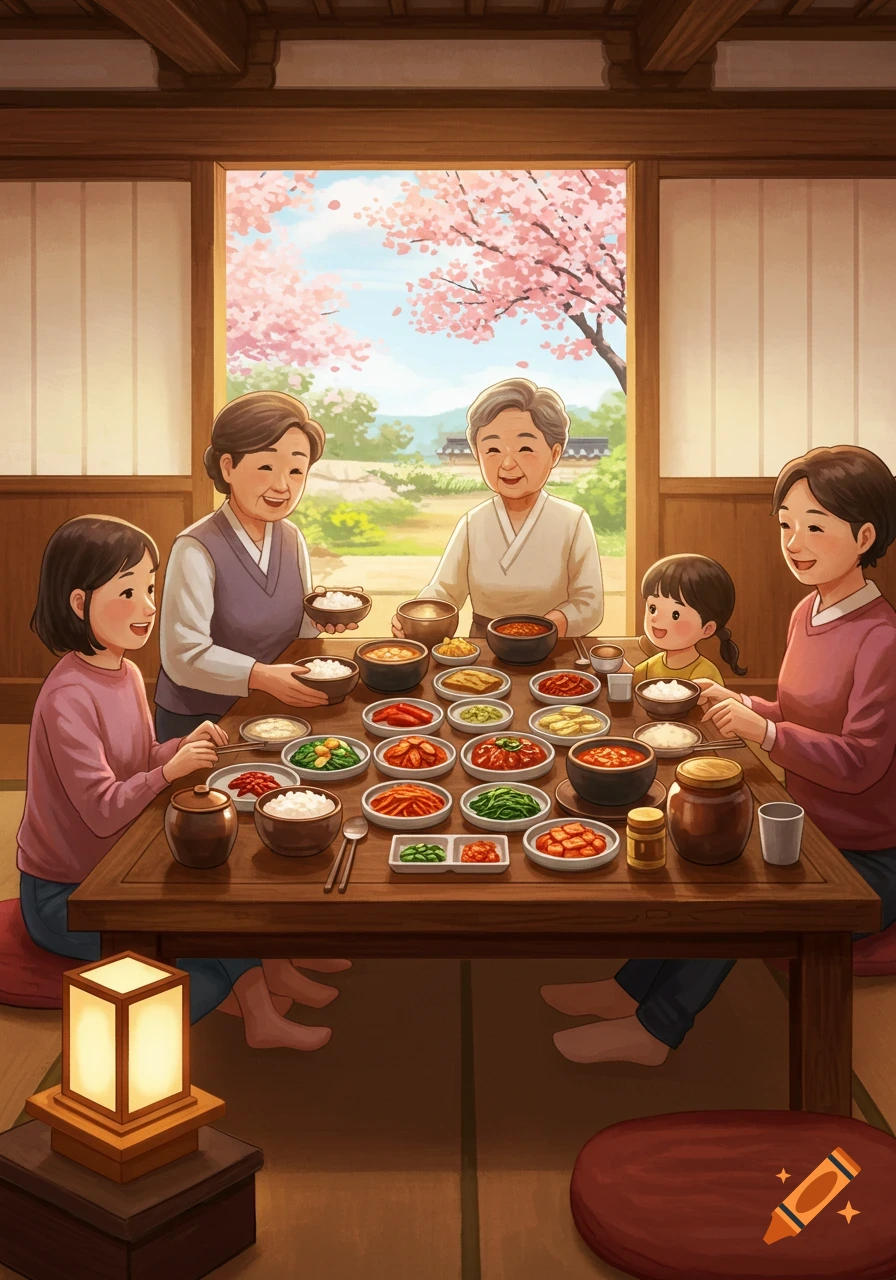 Illustrative scene of a multi-generational Korean family enjoying a traditional dinner with many banchan dishes around a low wooden table.