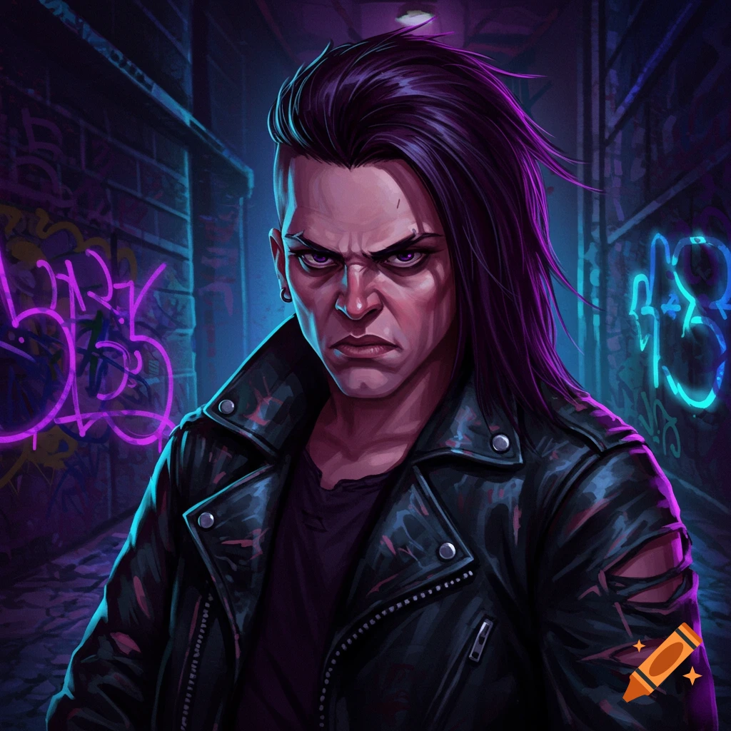An angry man with purple hair and a shaved side, wearing a black leather jacket, stands in a dark, graffiti-covered alley with neon lights.