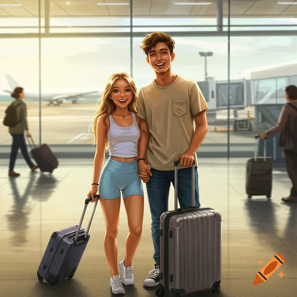 A happy young couple holding hands and pulling suitcases in an airport terminal, with an airplane visible outside, in a digital illustration.