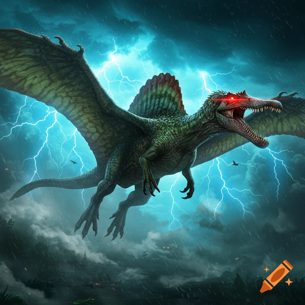 A large, green winged Spinosaurus with glowing red eyes flies through a dark, stormy sky with lightning.