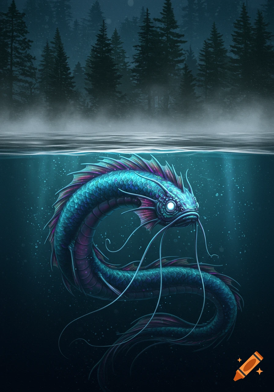 Iridescent blue and purple fish monster with long whiskers in dark lake water, foggy forest above.