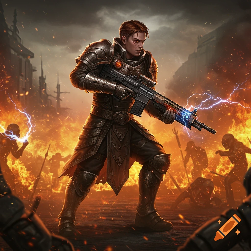 Male warrior in ornate armor holding a futuristic rifle on a fiery battlefield with sparks, in an epic video game style.