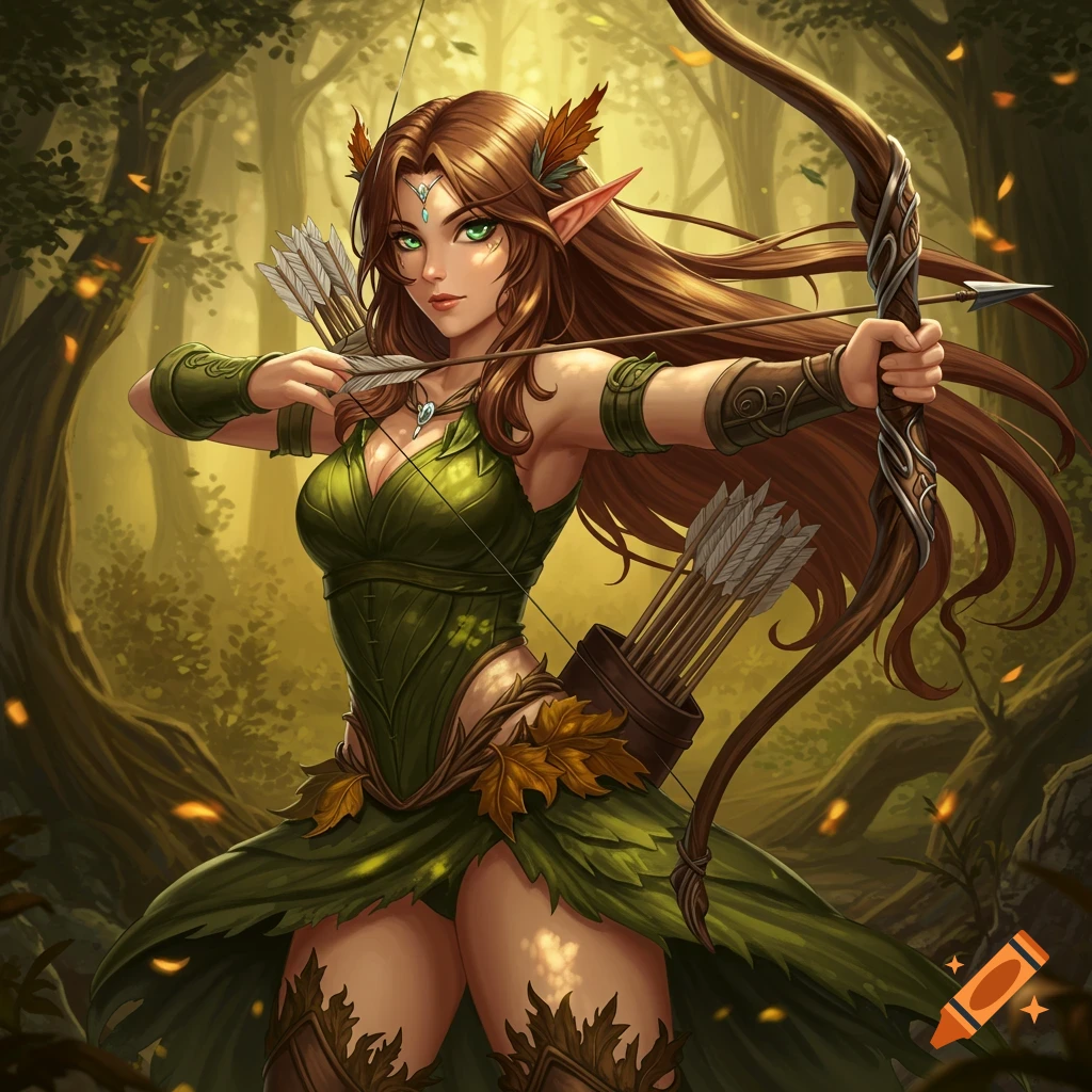 A beautiful anime elf archer with long brown hair, green eyes, and pointed ears, aiming a bow in a lush forest.