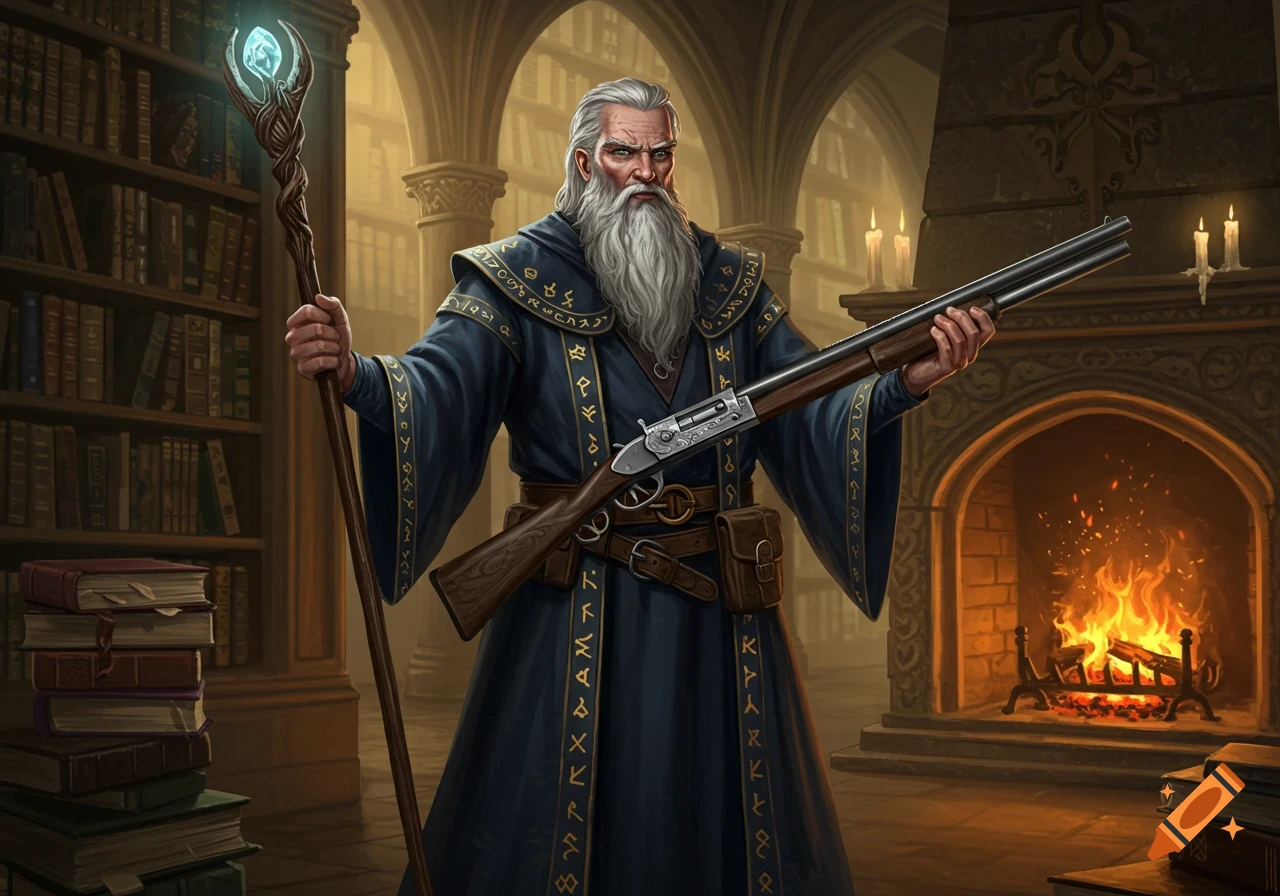 A stern old wizard with a long white beard, wearing a dark blue robe, holds a glowing staff and a double-barrel shotgun in a grand library setting with a fireplace.