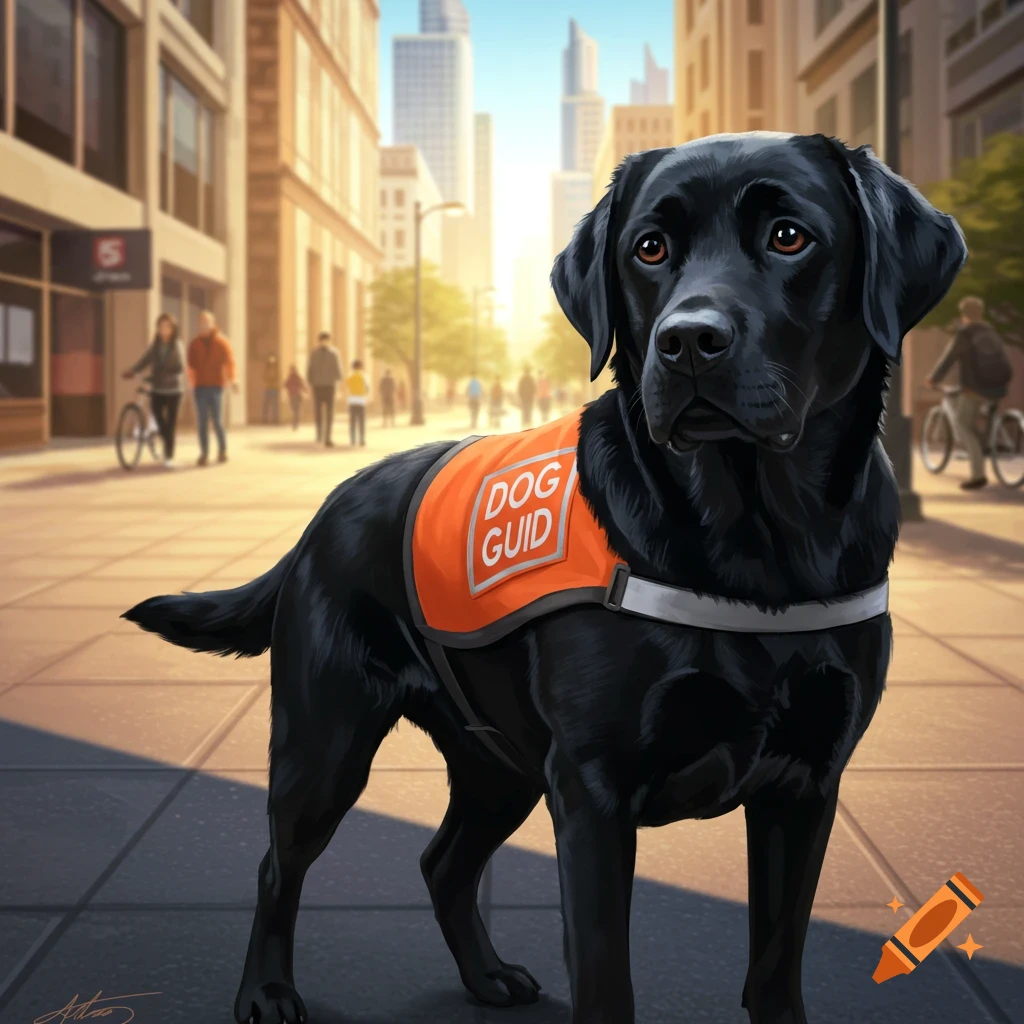 An illustrated black Labrador wearing an orange 'DOG GUID' vest on a city sidewalk with buildings and people in the background.
