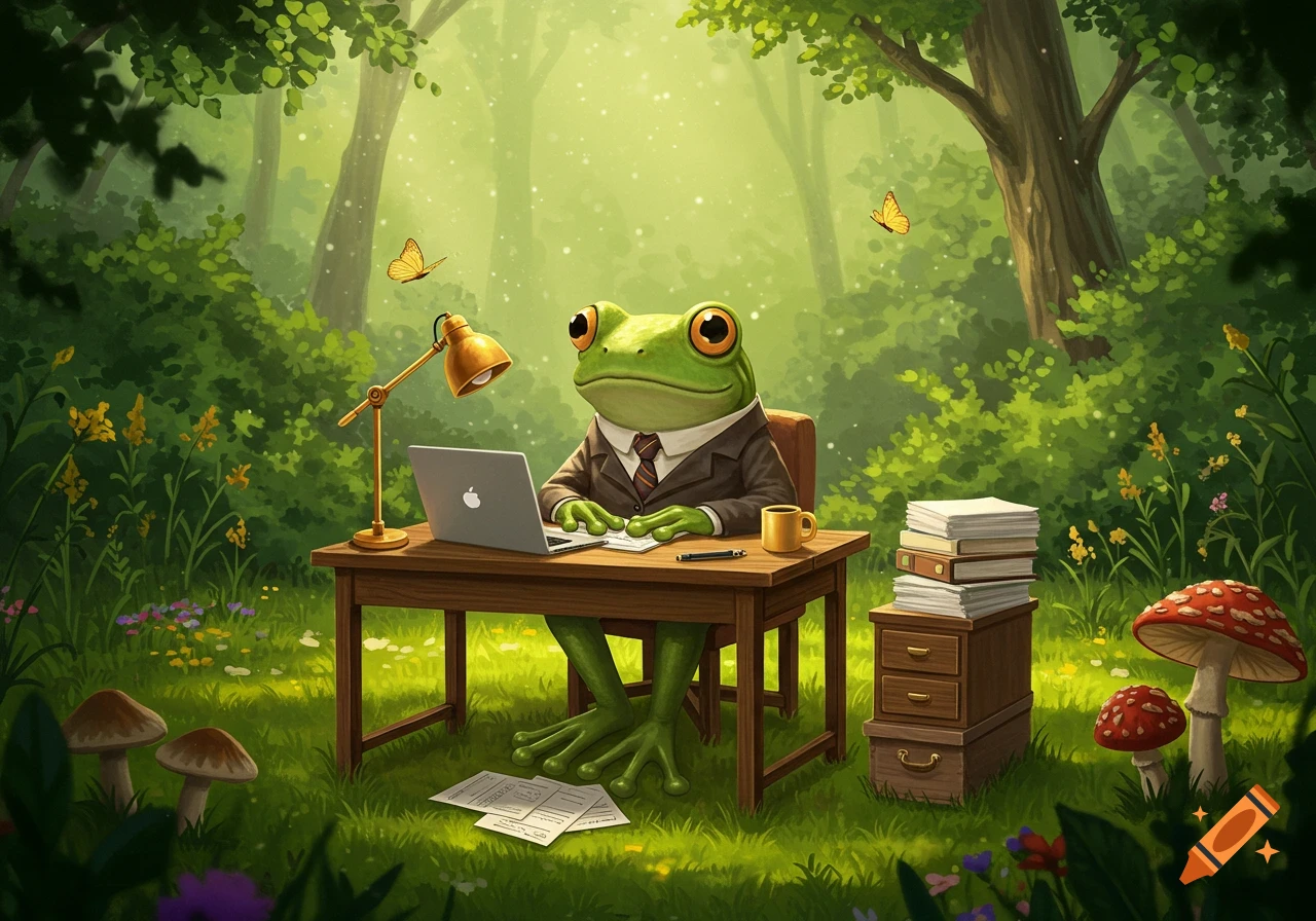 A cartoon frog in a suit works on a laptop at a desk in a lush, green forest with mushrooms and butterflies.