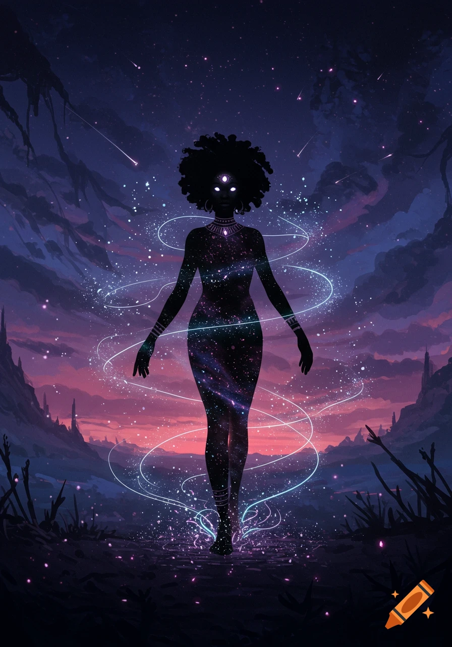 Mystical silhouette of a woman with an afro, glowing eyes, and a starry body, walking in a cosmic fantasy landscape.