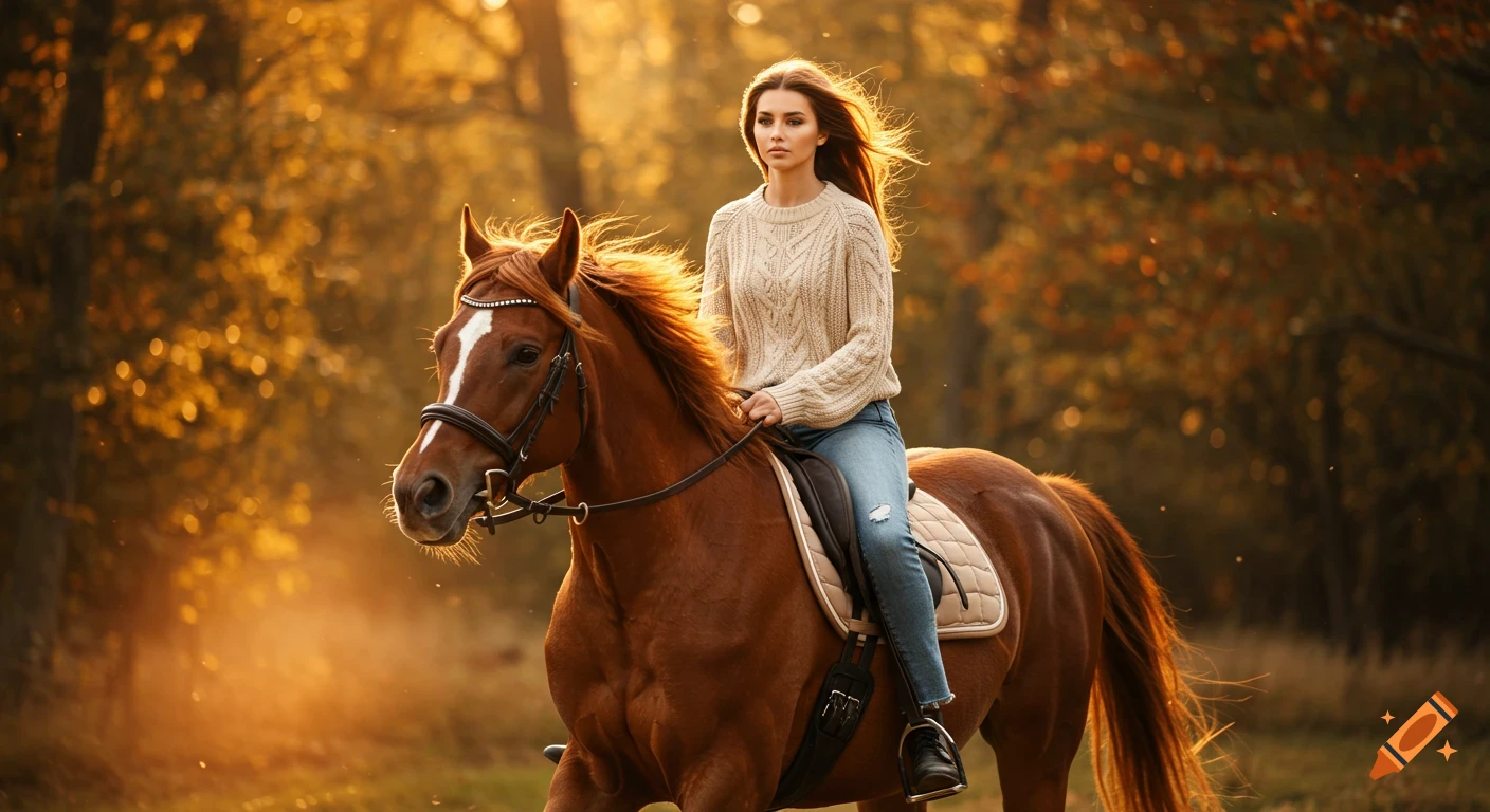 A woman rides a brown horse in a sun-drenched autumn forest with golden light.
