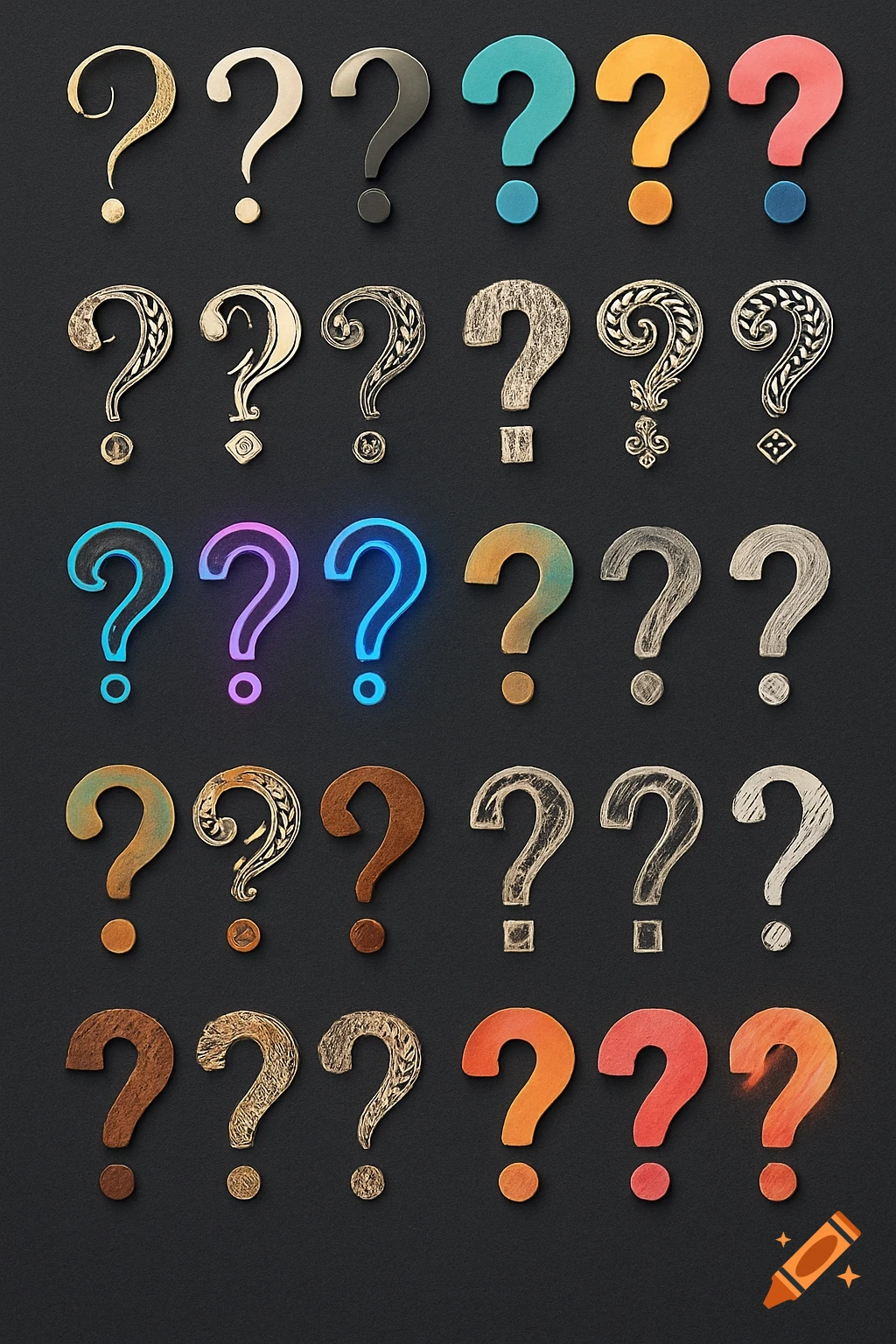 A grid of question marks in various colors and styles, including metallic, textured, carved, and glowing neon, against a dark background.