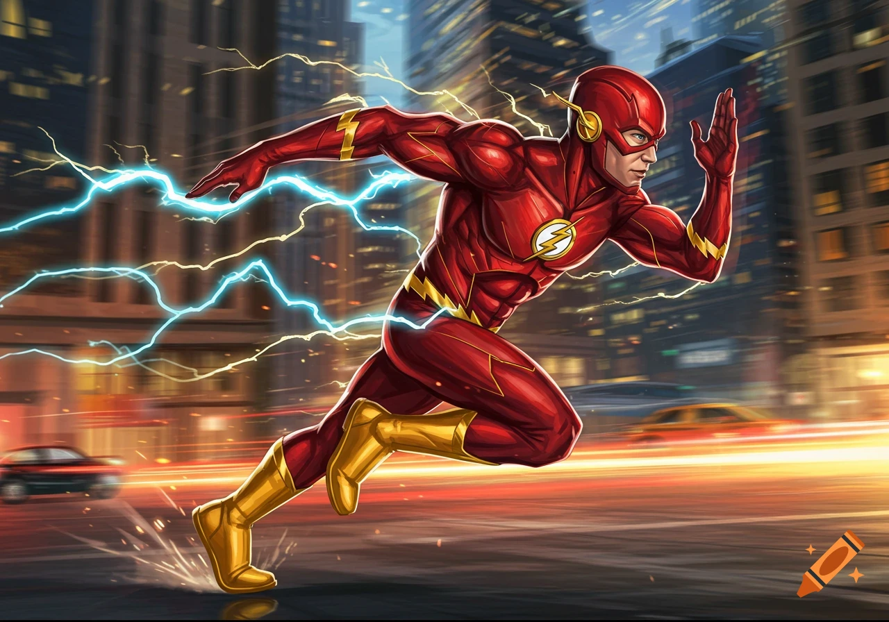 The Flash runs at high speed through a city street at dusk, surrounded by blue lightning in a comic book style.