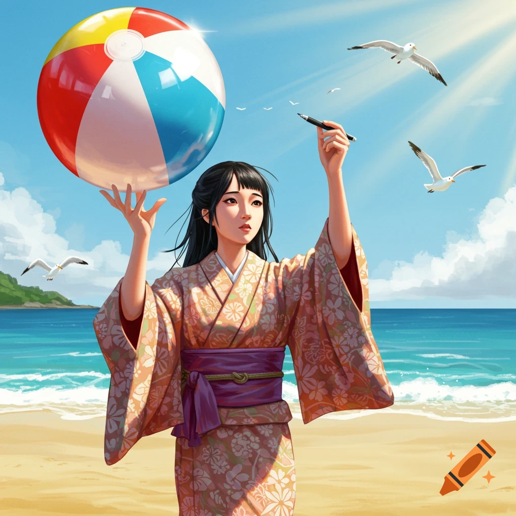 Anime-style Japanese woman in a kimono on a sunny beach, holding a large beach ball and a pen.
