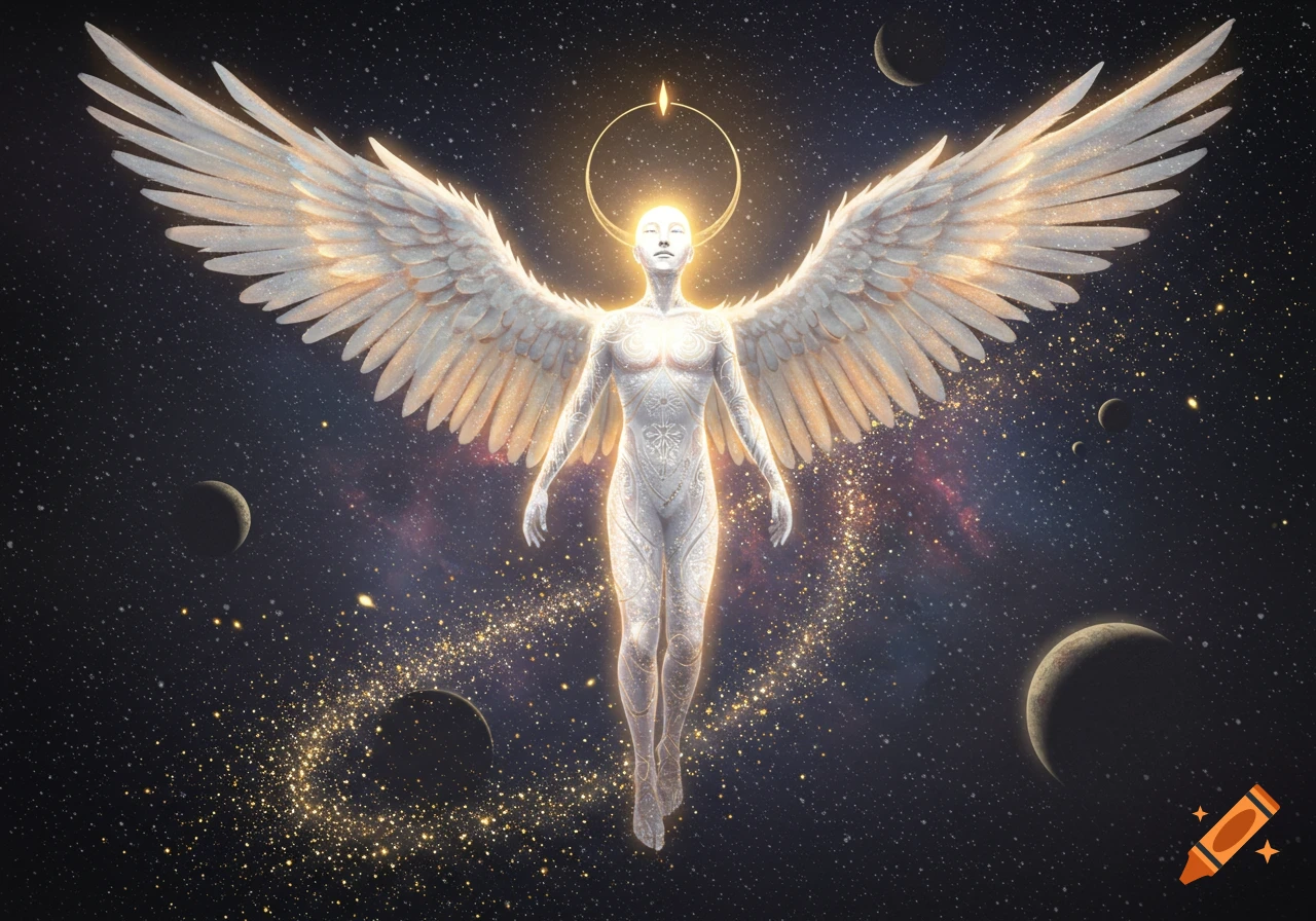 A glowing, winged angelic humanoid creature floats in a starry cosmic void with moons, leaving a trail of golden stardust.