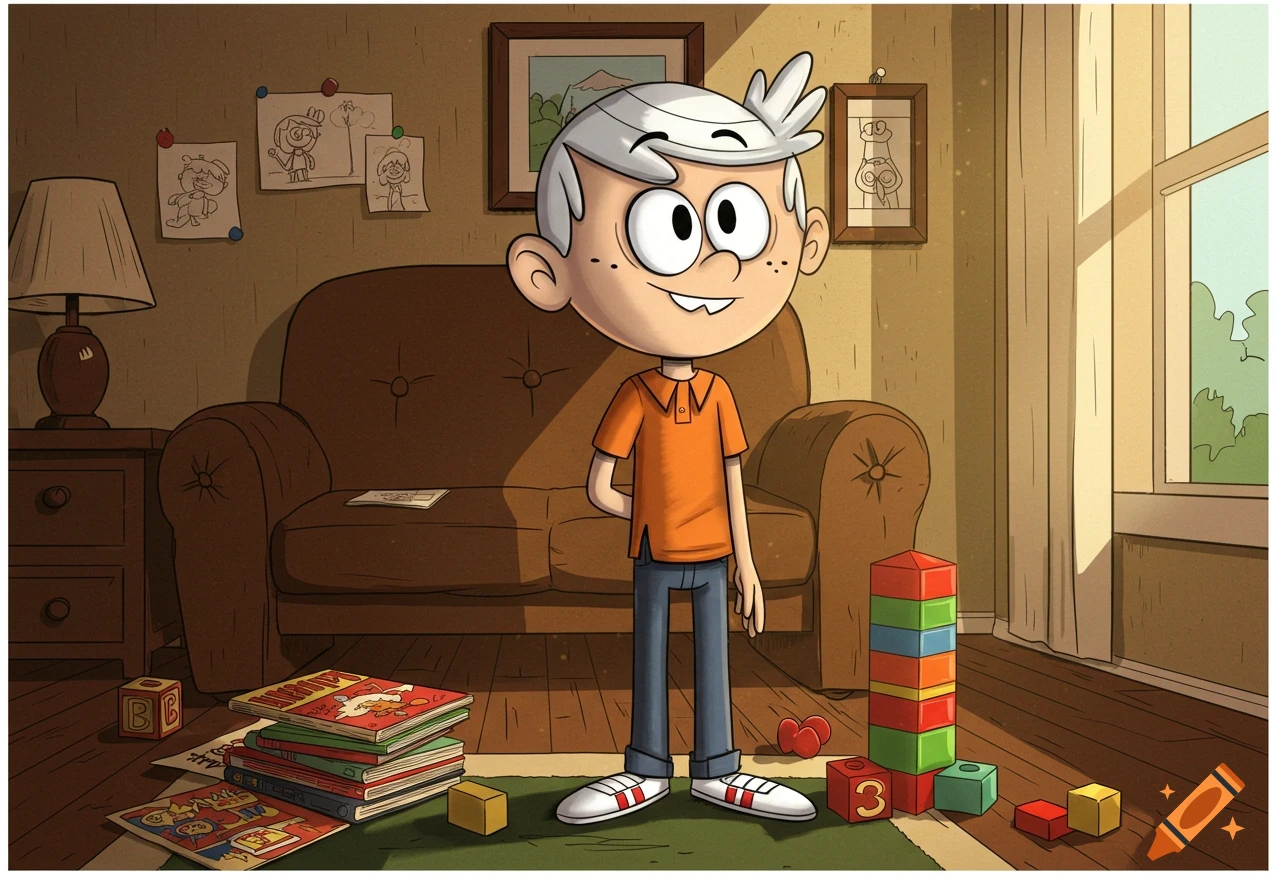 A cartoon boy with white hair, an orange polo shirt, and jeans stands smiling in a sunlit room filled with toys and books.