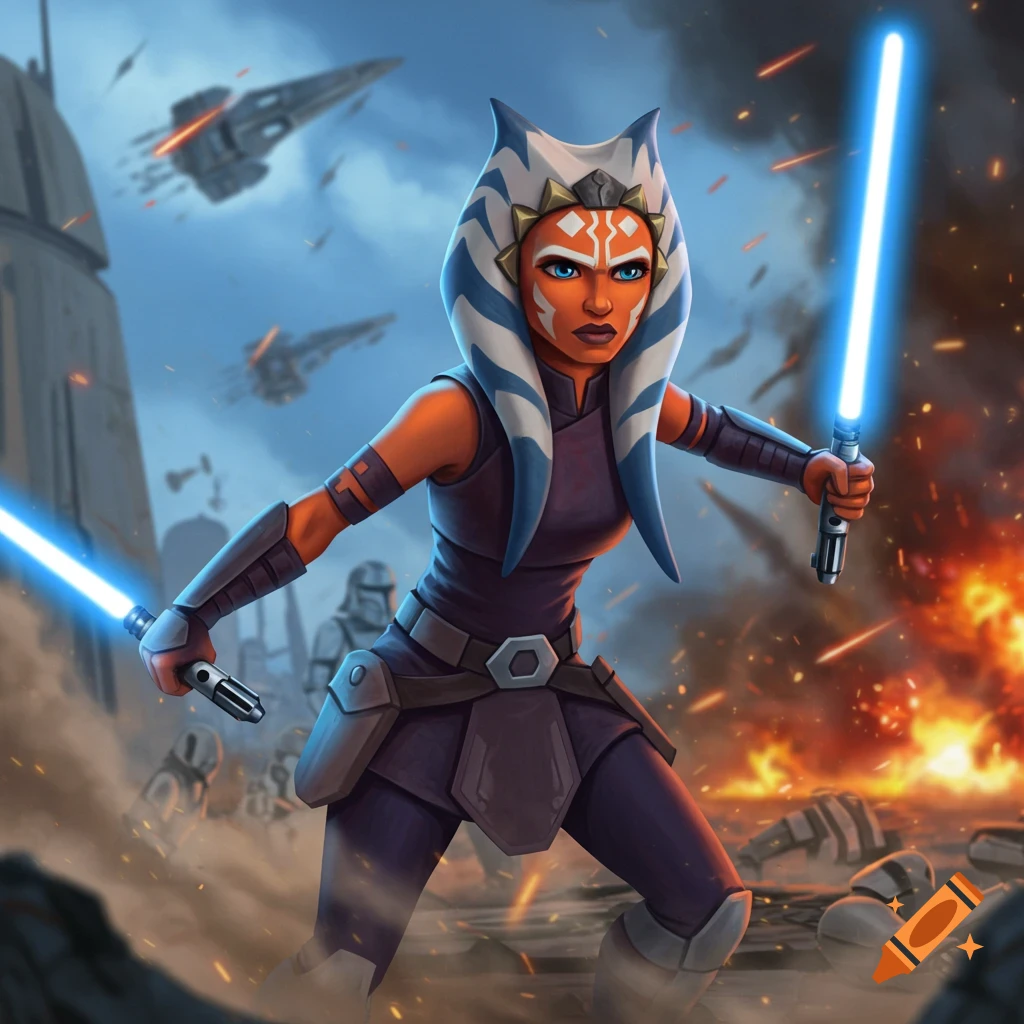 Ahsoka Tano, a Togruta Jedi, wields two blue lightsabers on a battle-scarred planet with clone troopers and starships in the background.
