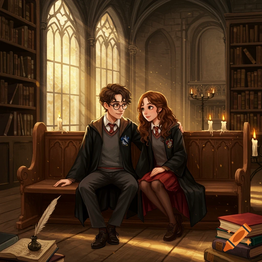 A drawing of a Ravenclaw boy and Gryffindor girl sitting affectionately on a bench in a Hogwarts library.