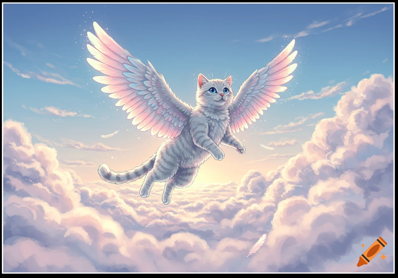 A whimsical illustrated gray tabby cat with large pink and white wings gracefully flies above fluffy clouds in a blue sky.