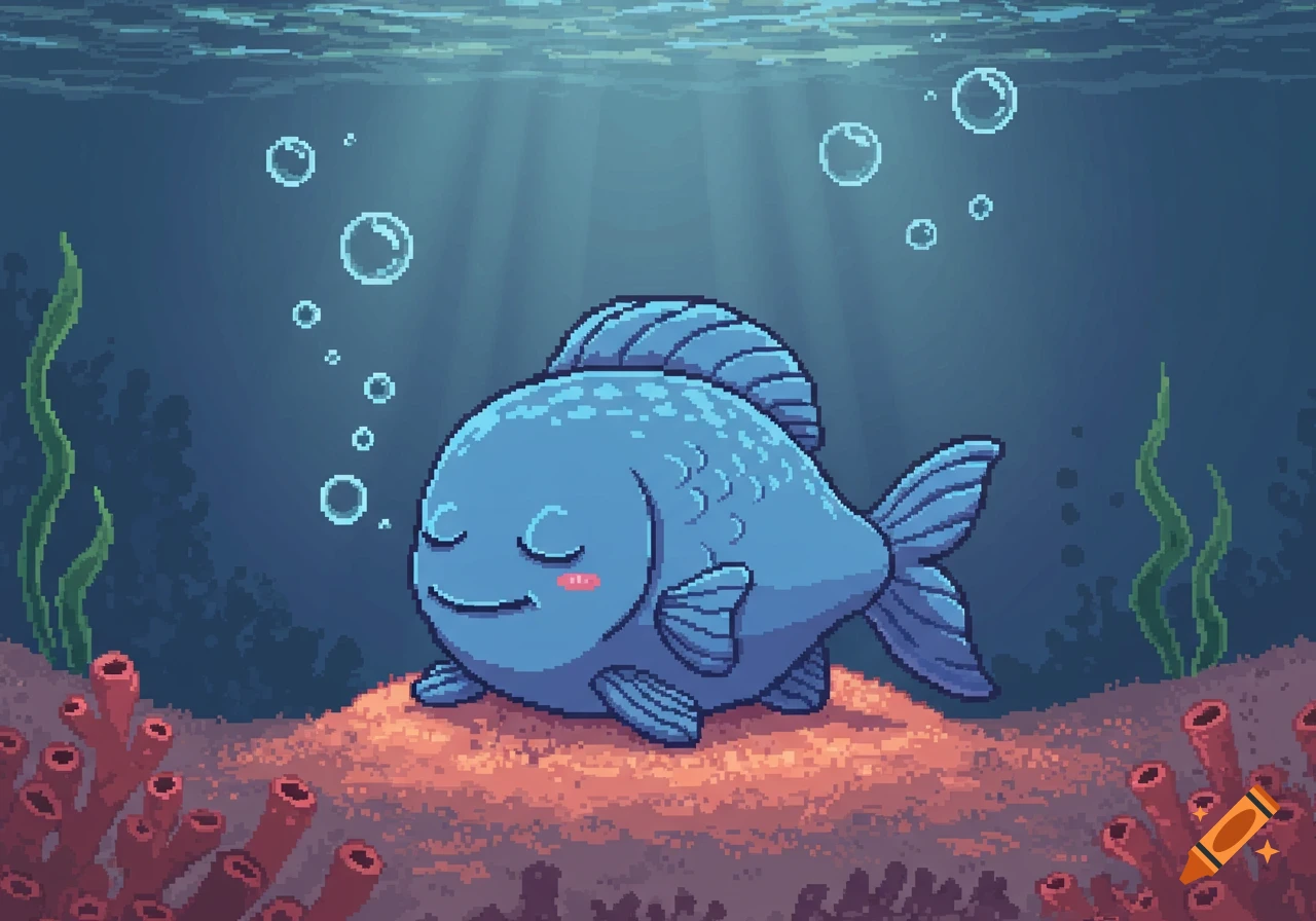 A cute, chubby blue pixel art fish with closed eyes rests on the ocean floor, surrounded by red coral and bubbles.