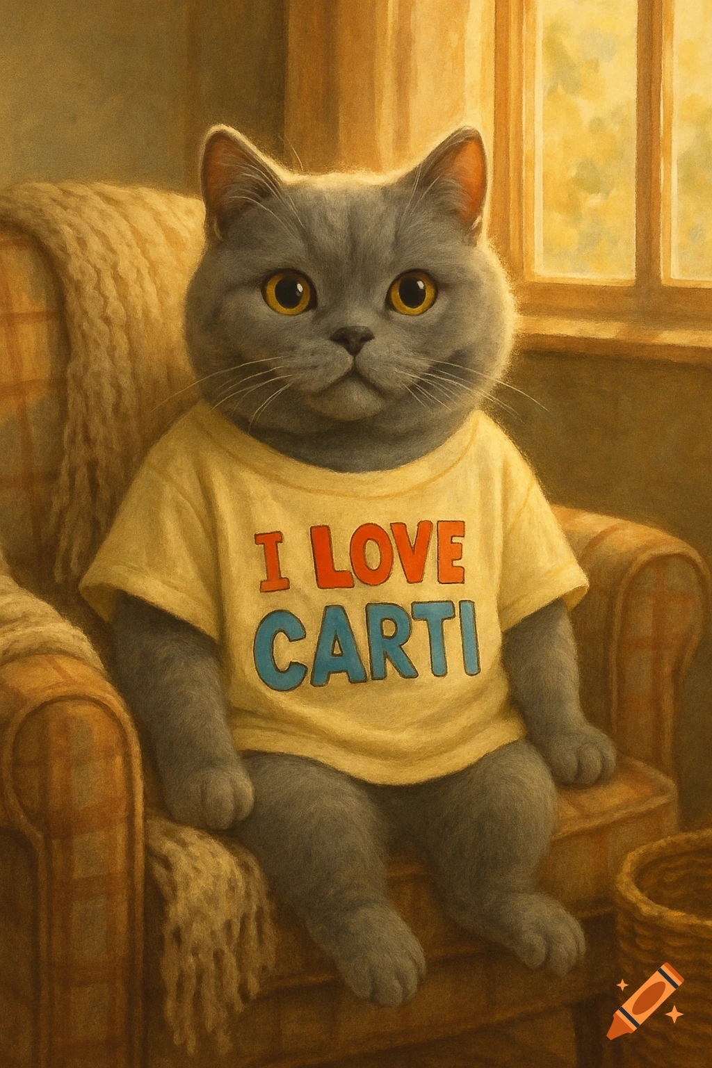 A gray British Shorthair cat wearing a yellow t-shirt that says 'I LOVE CARTI' sitting in an armchair by a window, painted in a soft, realistic style.