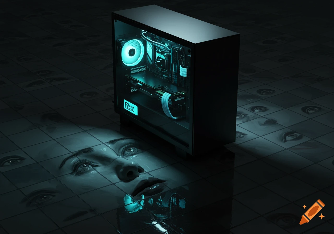 A glowing turquoise PC on a dark tiled floor with a distorted, longing female face and multiple eyes embedded in the tiles.