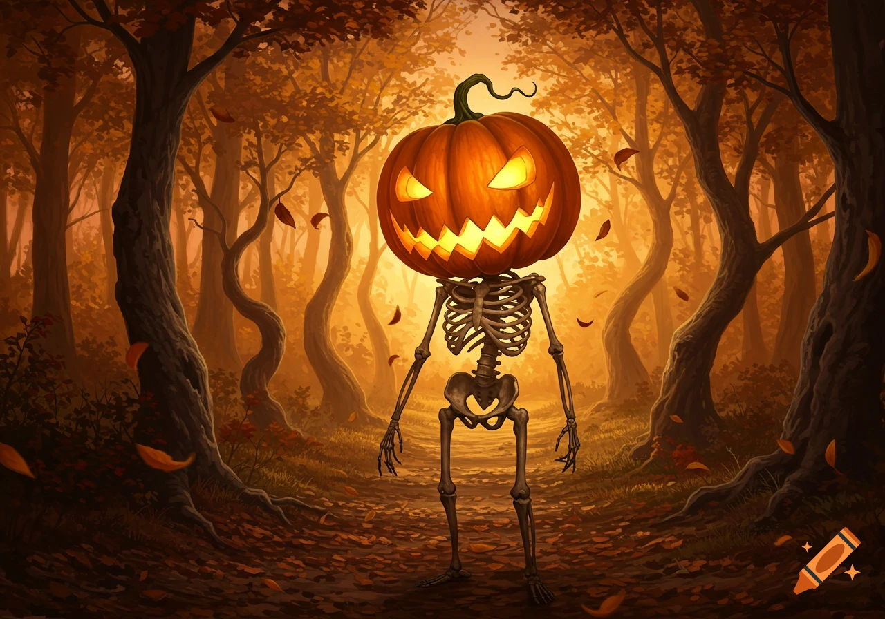 A glowing jack-o'-lantern pumpkin head on a skeleton body stands in a dark, atmospheric autumn forest with falling leaves.
