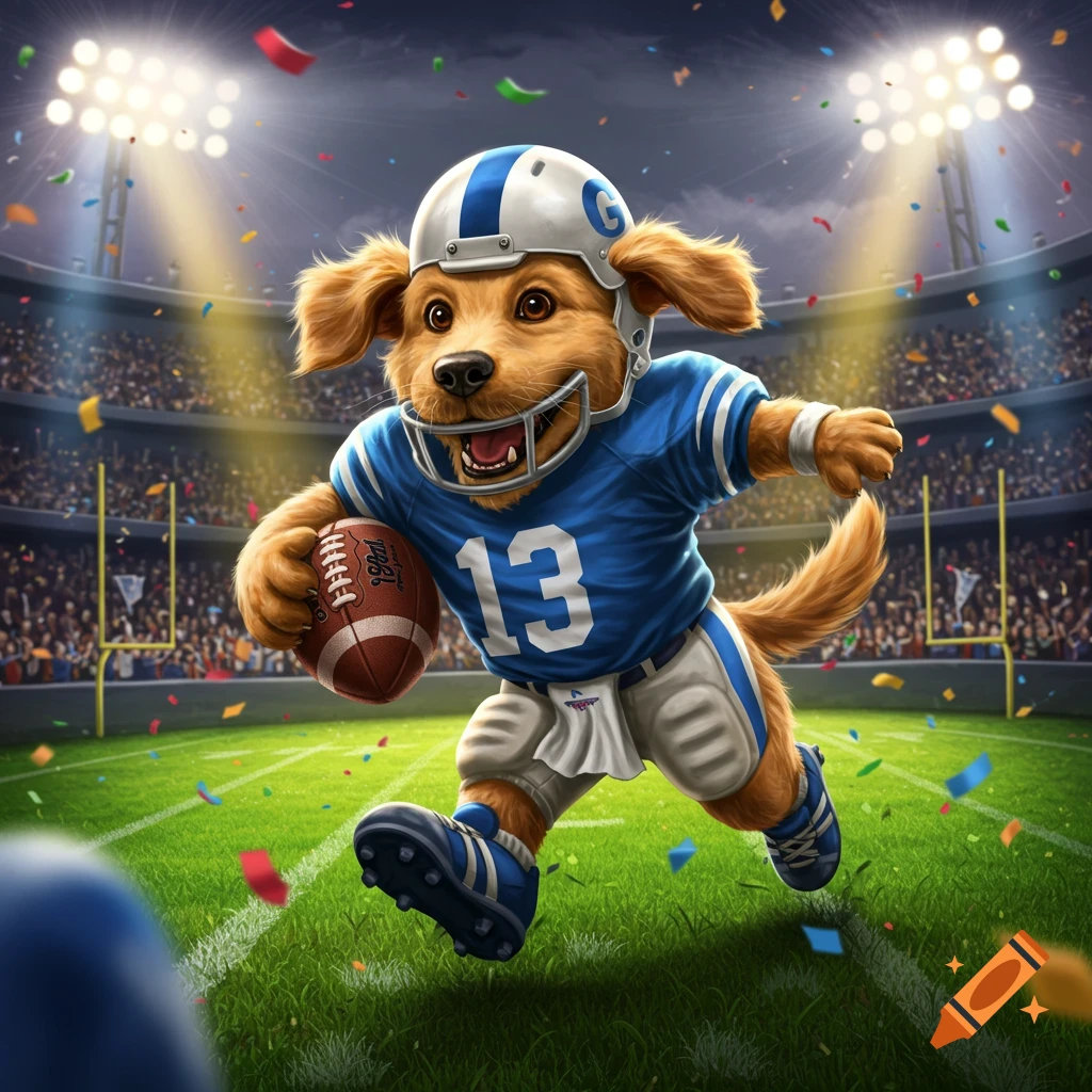 A cartoon golden retriever wearing a blue football uniform with number 13, running with a football on a field in a stadium filled with confetti.