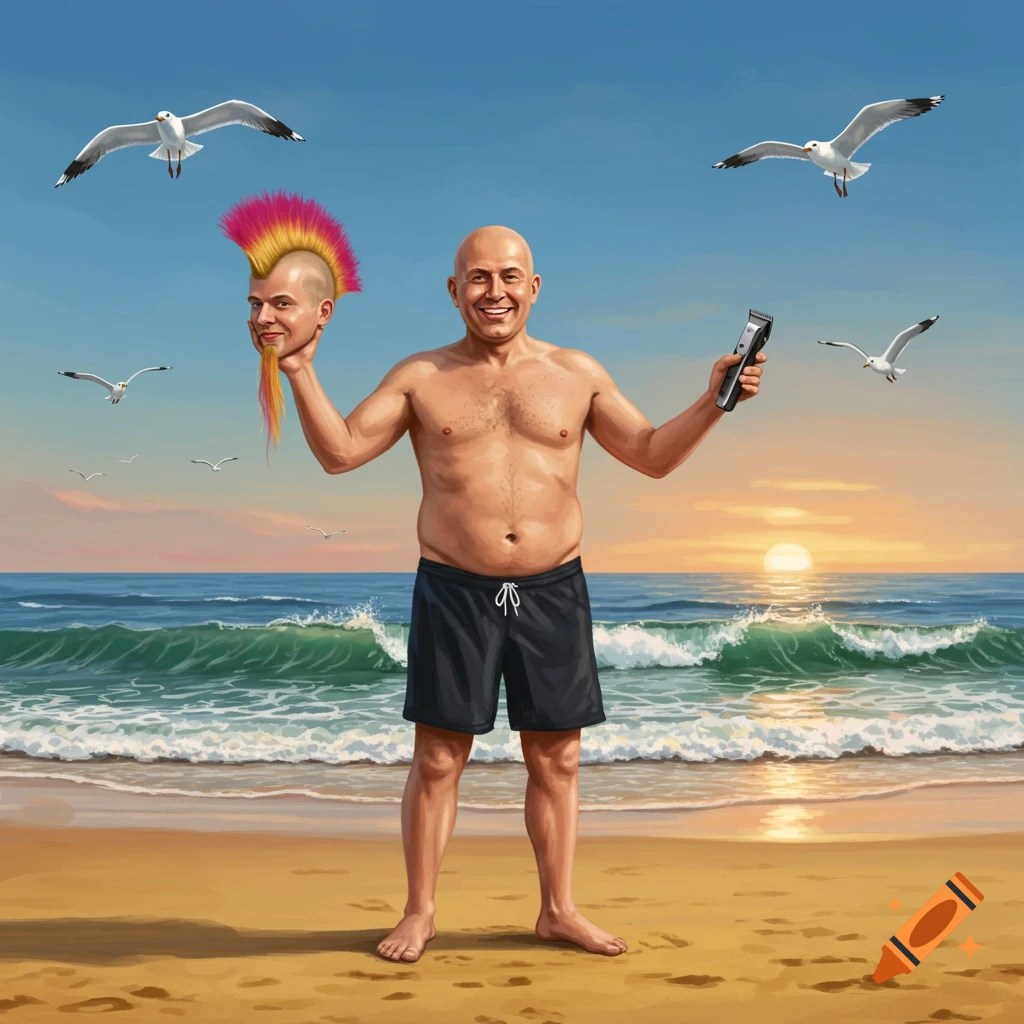 A smiling bald man stands on a beach at sunset, holding a severed head with a colorful mohawk and hair clippers. Digital painting.