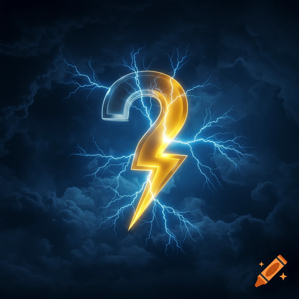 A stylized golden number 2 or combined question mark and lightning bolt symbol against a dark, stormy sky with blue electrical arcs.