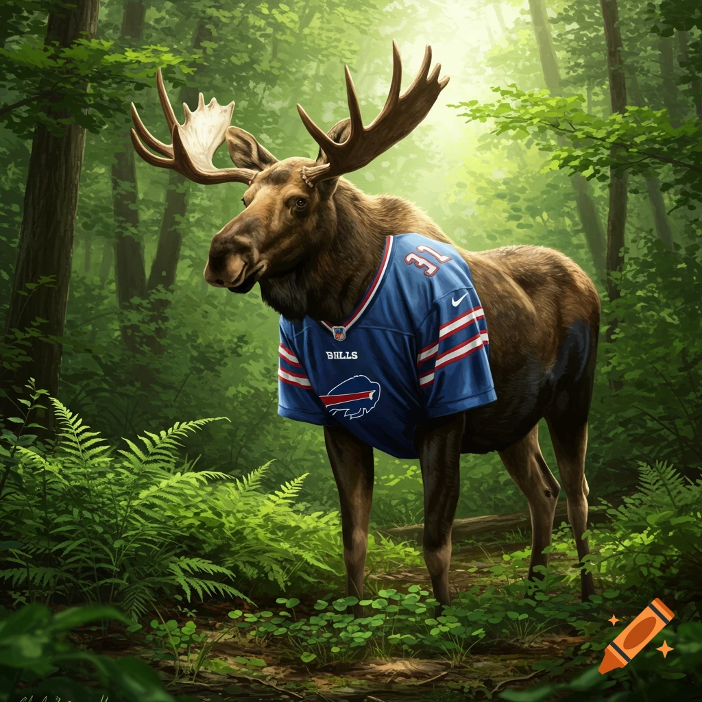 A realistic moose wearing a blue Buffalo Bills jersey with the number 31 and the team name, standing in a lush, sun-dappled forest.