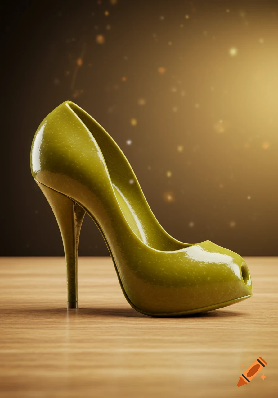 Photorealistic green high-heeled shoe resembling an olive on a wooden surface with a sparkly background.