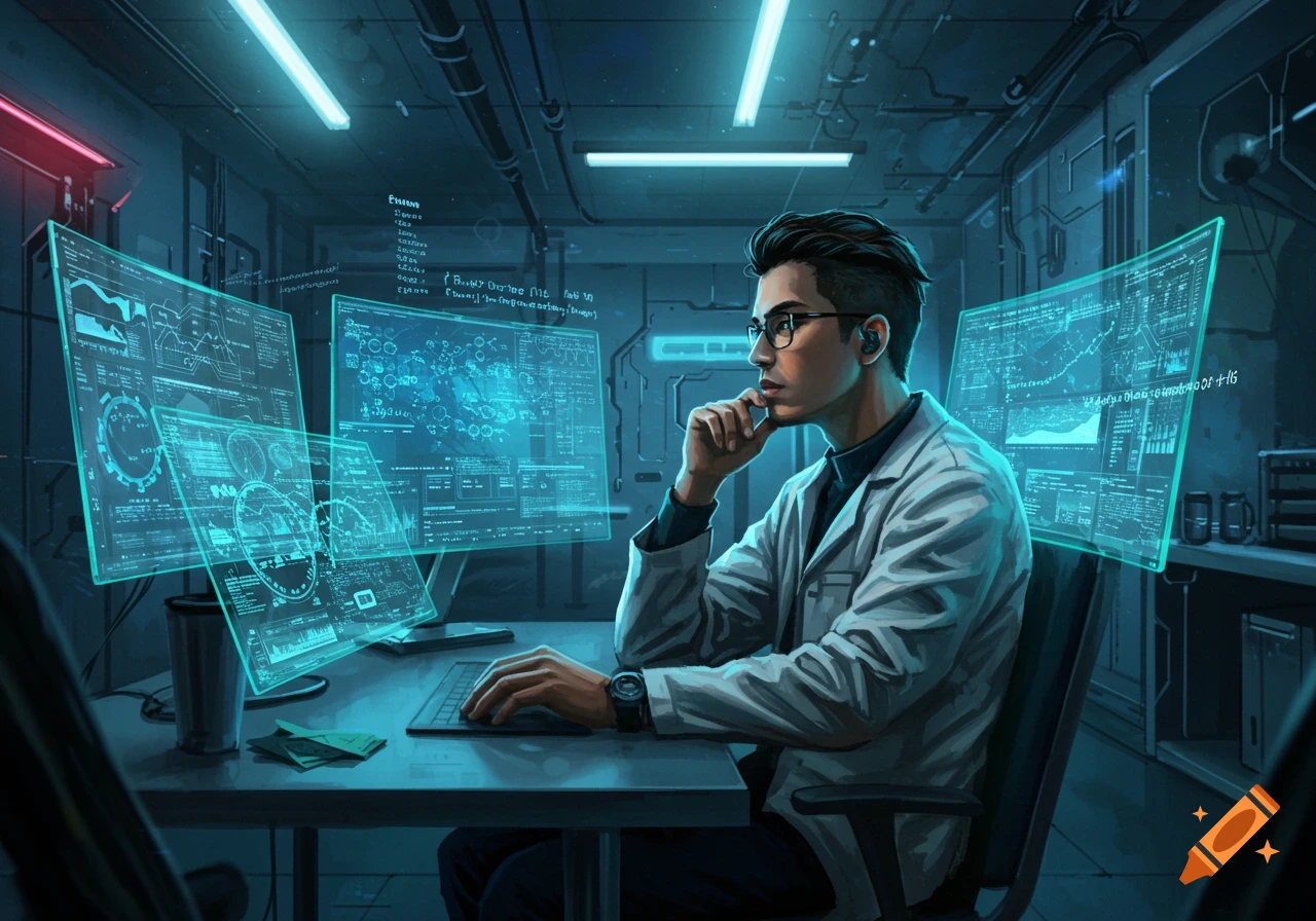A man in a lab coat looks at multiple holographic screens displaying data in a dark, futuristic lab.