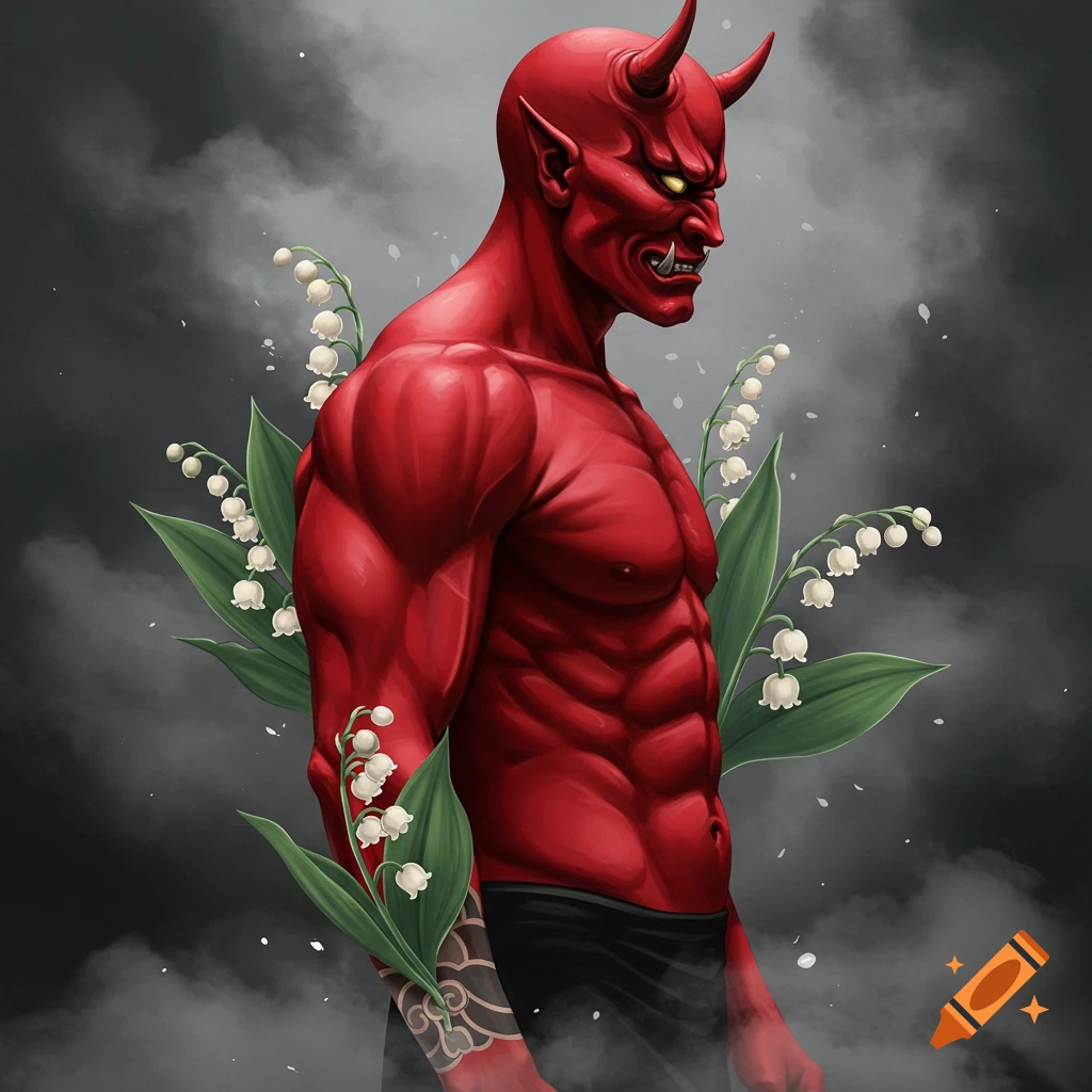Muscular red Oni with horns and fangs, surrounded by white lilies of the valley, digital illustration.