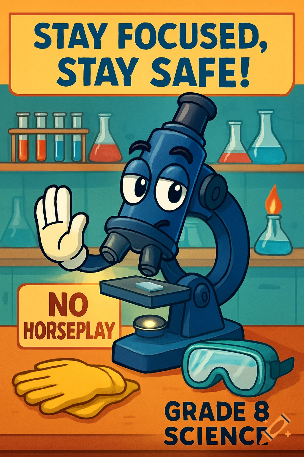 A cartoon lab safety poster shows a microscope with a stop hand, text reads "Stay Focused, Stay Safe!", "No Horseplay", "Grade 8 Science".
