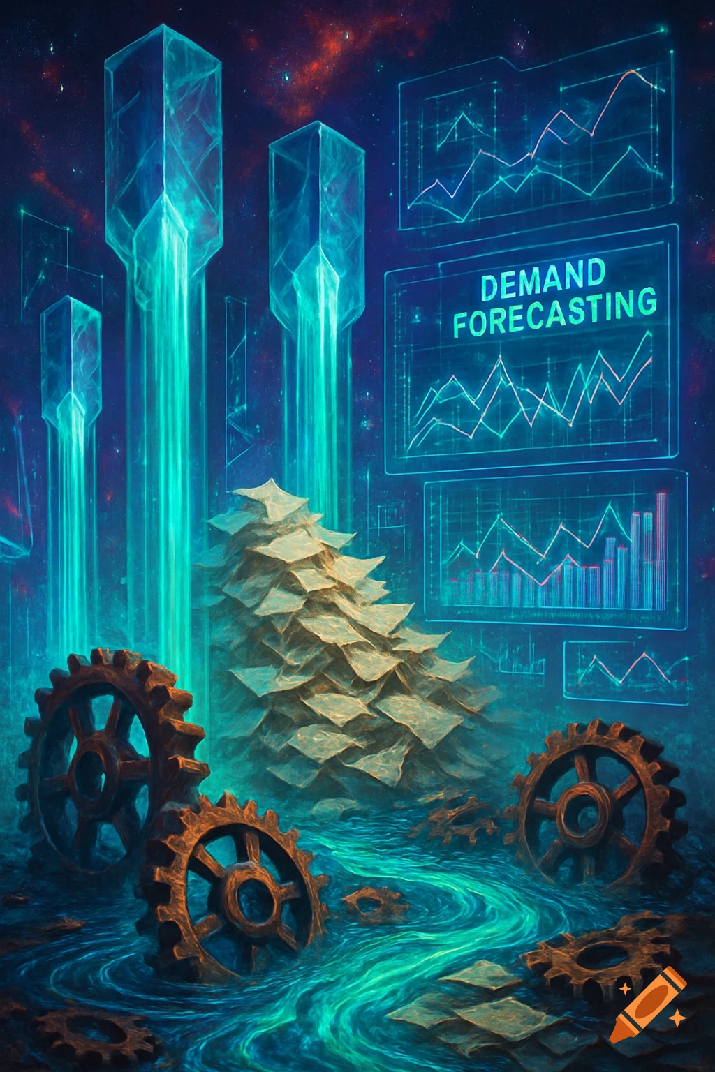 Surreal scene with glowing blue pillars, a pile of papers, gears in blue swirling water, and holographic charts showing 'DEMAND FORECASTING'.