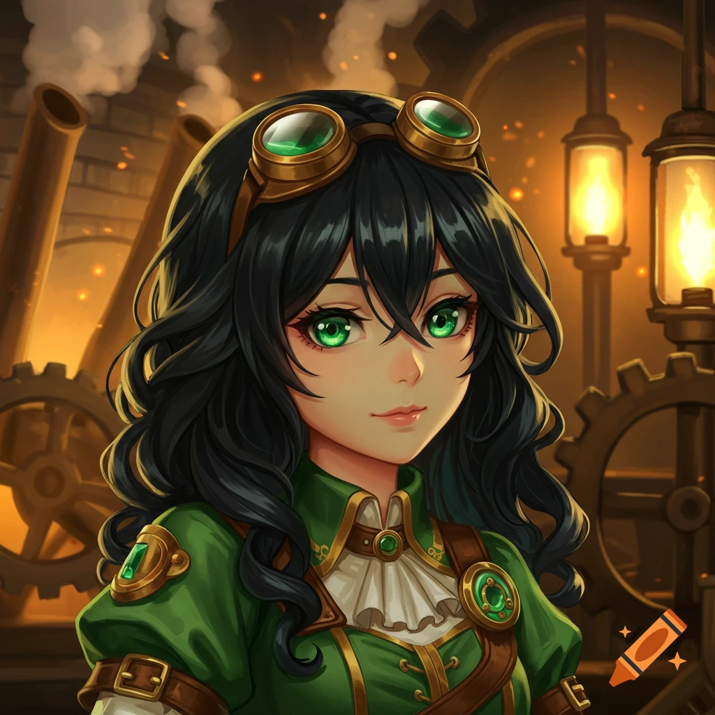 Anime portrait of a girl with black wavy hair, emerald green eyes, goggles, and a green steampunk outfit.