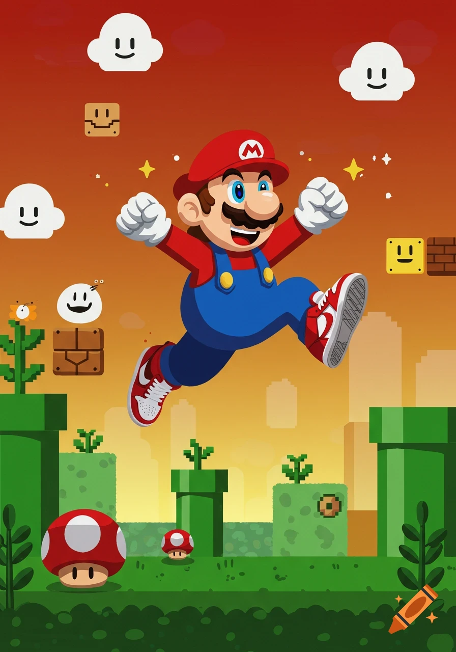 Cartoon Mario jumps high in a classic pixelated Super Mario level, wearing red Nike shoes.
