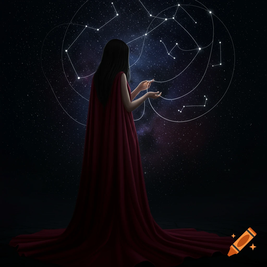 A woman in a deep red robe stands with her back to the viewer, manipulating glowing constellations and a web of destiny in a dark, star-filled night sky.