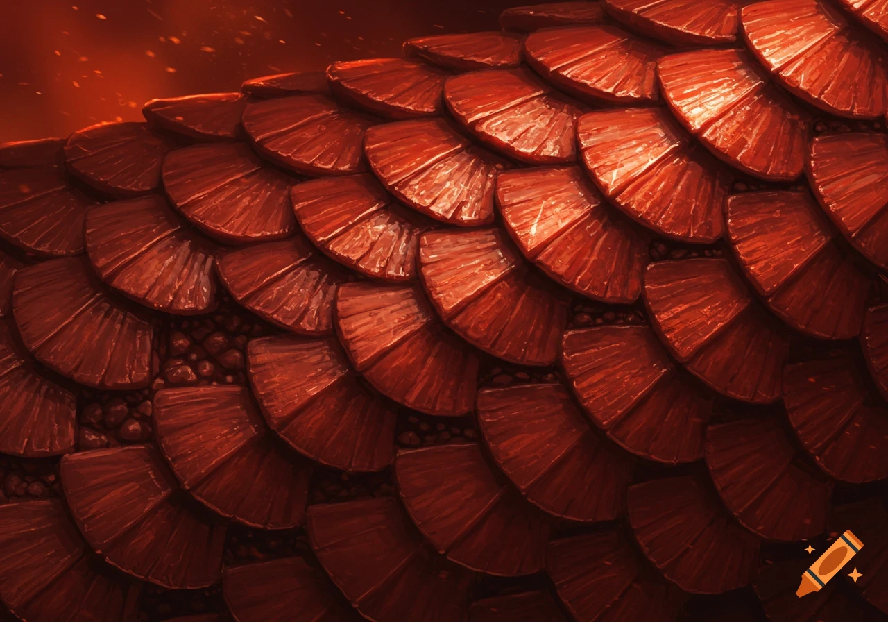 Close-up of vibrant red animal scales, creating a textured background with a cinematic look.